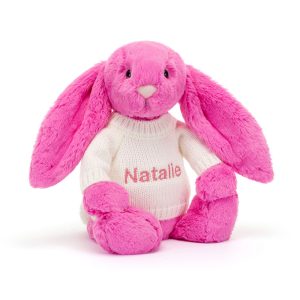 JellyCat Bashful Hot Pink Bunny with Personalised Cream Jumper