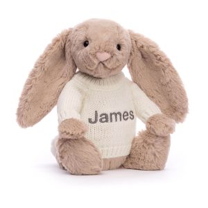JellyCat Bashful Beige Bunny with Personalised Cream Jumper
