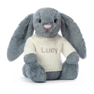 JellyCat Bashful Dusky Blue Bunny with Personalised Cream Jumper