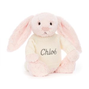 JellyCat Bashful Pink Bunny with Personalised Cream Jumper