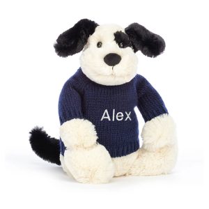 JellyCat Bashful Black & Cream Puppy with Personalised Navy Jumper