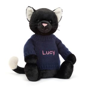 JellyCat Bashful Black Kitten with Personalised Navy Jumper