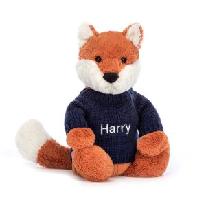 JellyCat Bashful Fox Cub with Personalised Navy Jumper