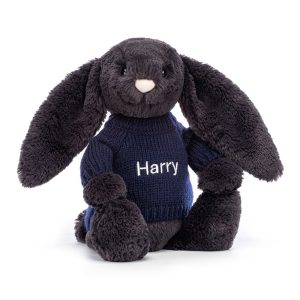 JellyCat Bashful Inky Bunny with Personalised Navy Jumper