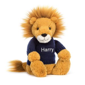 JellyCat Bashful Lion with Personalised Navy Jumper