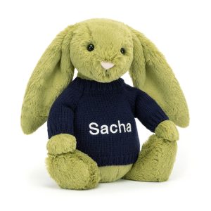 JellyCat Bashful Moss Bunny with Personalised Navy Jumper