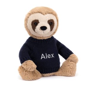 JellyCat Bashful Sloth with Personalised Navy Jumper
