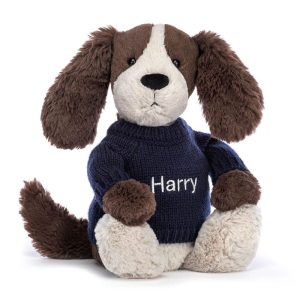 JellyCat Bashful Fudge Puppy with Personalised Navy Jumper