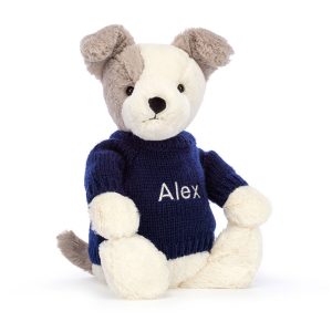 JellyCat Bashful Terrier with Personalised Navy Jumper