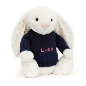 JellyCat Bashful Twinkle Bunny with Personalised Navy Jumper