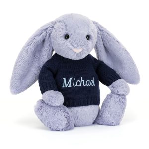 JellyCat Bashful Viola Bunny with Personalised Navy Jumper