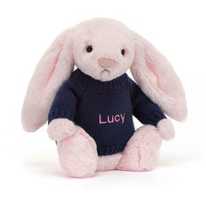 JellyCat Bashful Pink Bunny with Personalised Navy Jumper