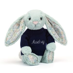 JellyCat Blossom Sage Bunny with Personalised Navy Jumper