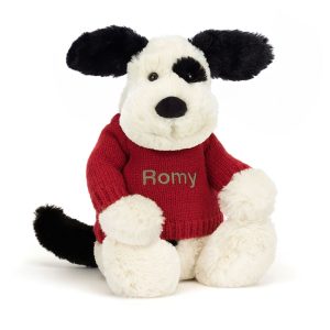 JellyCat Bashful Black & Cream Puppy with Personalised Red Jumper