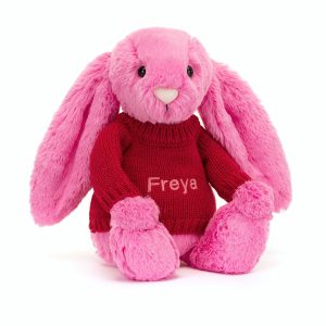 JellyCat Bashful Hot Pink Bunny with Personalised Red Jumper