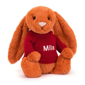 JellyCat Bashful Tangerine Bunny with Personalised Red Jumper