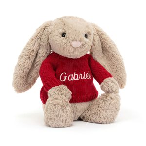 JellyCat Bashful Beige Bunny with Personalised Red Jumper