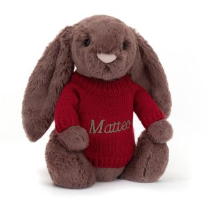 JellyCat Bashful Fudge Bunny with Personalised Red Jumper