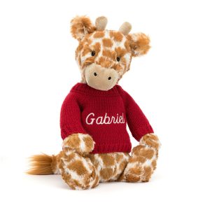 JellyCat Bashful Giraffe with Personalised Red Jumper