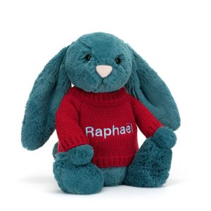 JellyCat Bashful Mineral Blue Bunny with Personalised Red Jumper