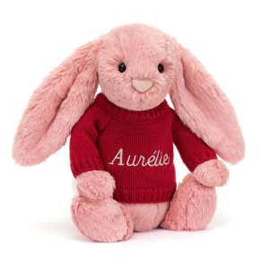 JellyCat Bashful Petal Bunny with Personalised Red Jumper
