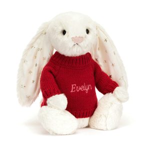 JellyCat Bashful Twinkle Bunny with Personalised Red Jumper