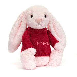 JellyCat Bashful Pink Bunny with Personalised Red Jumper