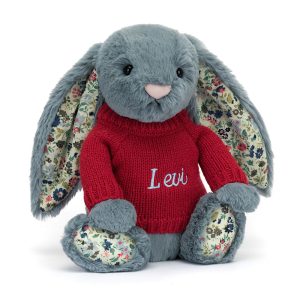 JellyCat Blossom Dusky Blue Bunny with Personalised Red Jumper